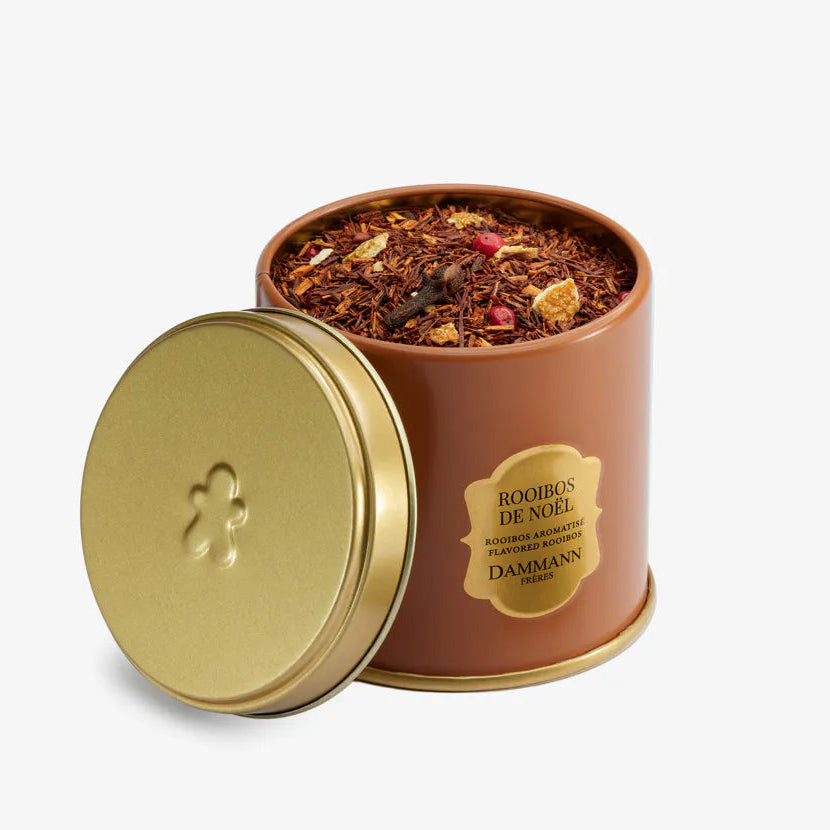 Boîte métallique de Rooibos de Noël Dammann Frères, 100 g, aux notes d’orange, de pain d’épices et d’épices.