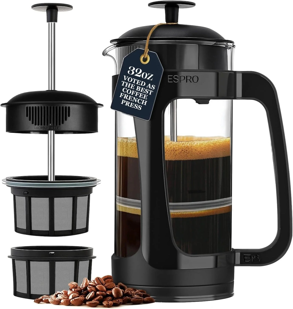 Cafetière à piston ESPRO P3 noire en verre borosilicate avec double système de filtration, disponible en 532 ml et 946 ml
