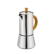 Cafetière italienne Cilio Figaro Olive en acier inoxydable poli avec poignée imitation bois d’olivier, disponible en 4 et 6 tasses