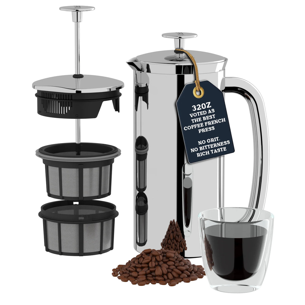Cafetière à piston ESPRO P7 en acier inoxydable poli à double paroi avec double système de filtration