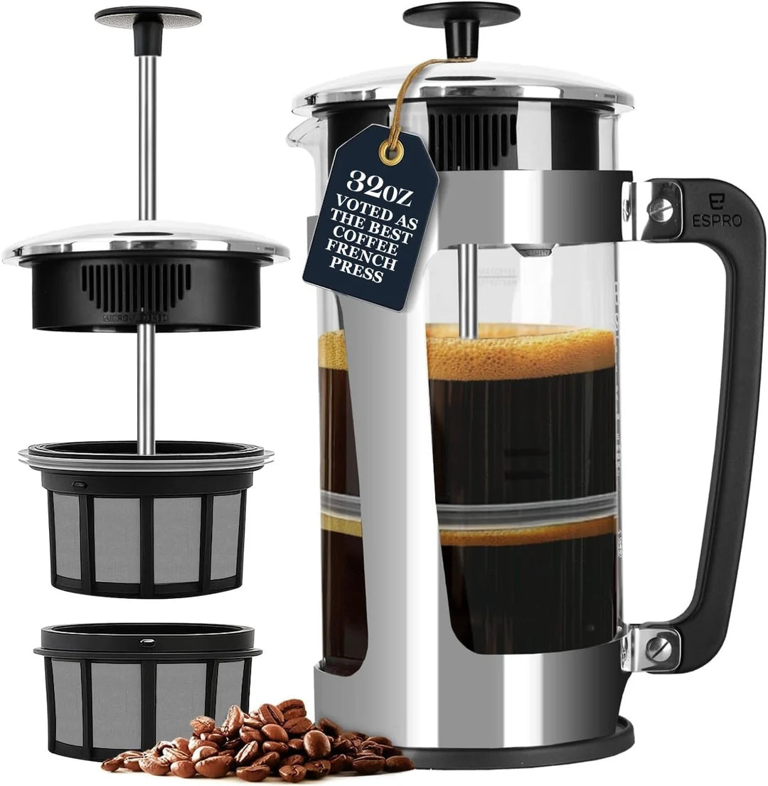 Cafetière à piston ESPRO P5 en verre borosilicate avec cage en acier inoxydable poli et double filtre, disponible en 532 et 946 ml