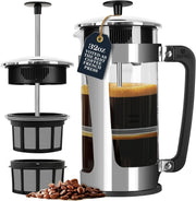 Cafetière à piston ESPRO P5 en verre borosilicate avec cage en acier inoxydable poli et double filtre, disponible en 532 et 946 ml