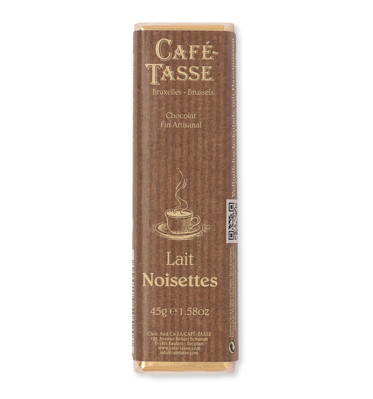 Barre Café-Tasse de chocolat au lait 38 % avec morceaux de noisettes grillées, 45 g
