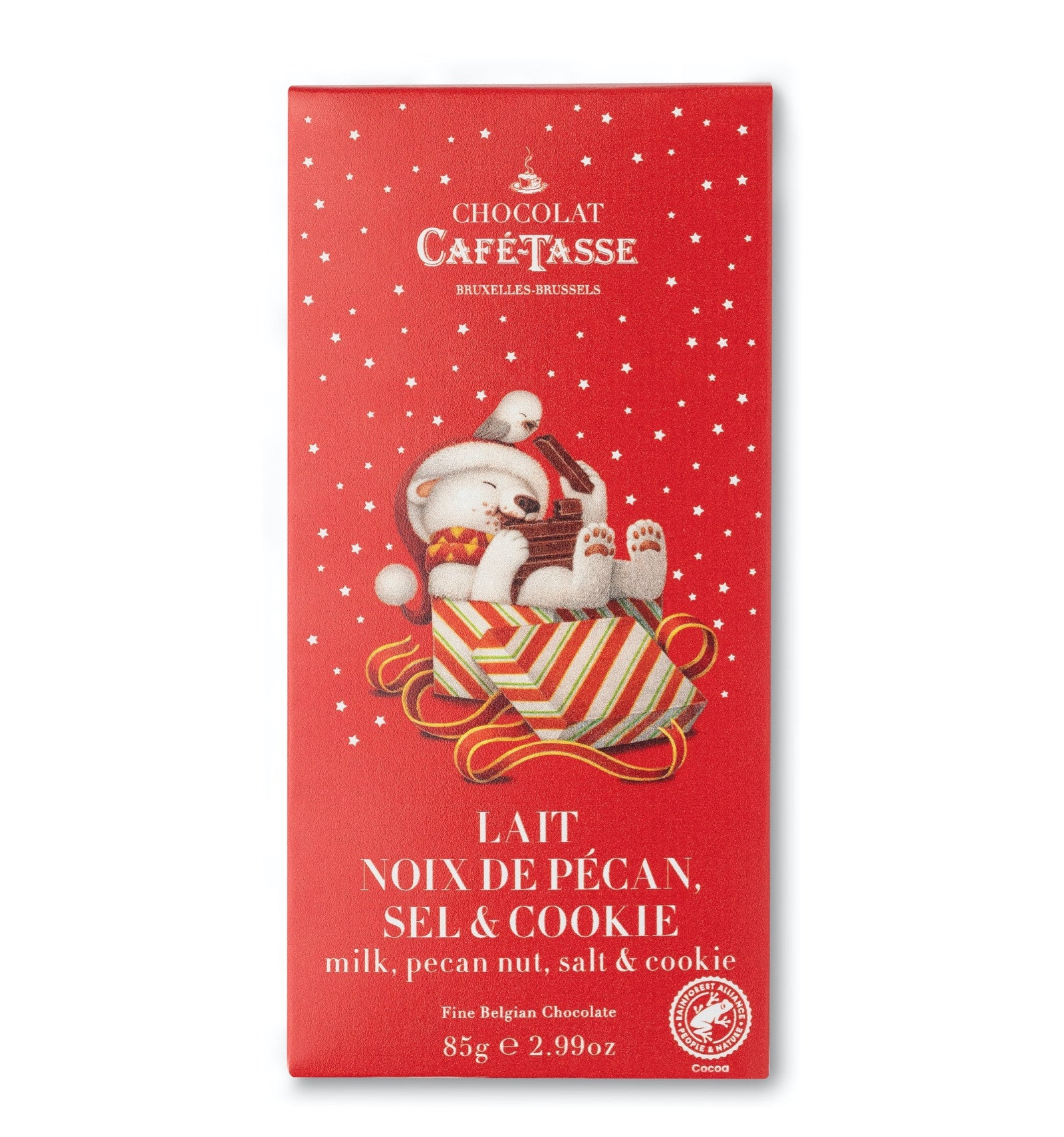 Tablette Café-Tasse de chocolat au lait 38 % avec noix de pécan grillées, cookies et sel de mer, édition Noël
