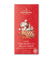 Tablette Café-Tasse de chocolat au lait 38 % avec noix de pécan grillées, cookies et sel de mer, édition Noël