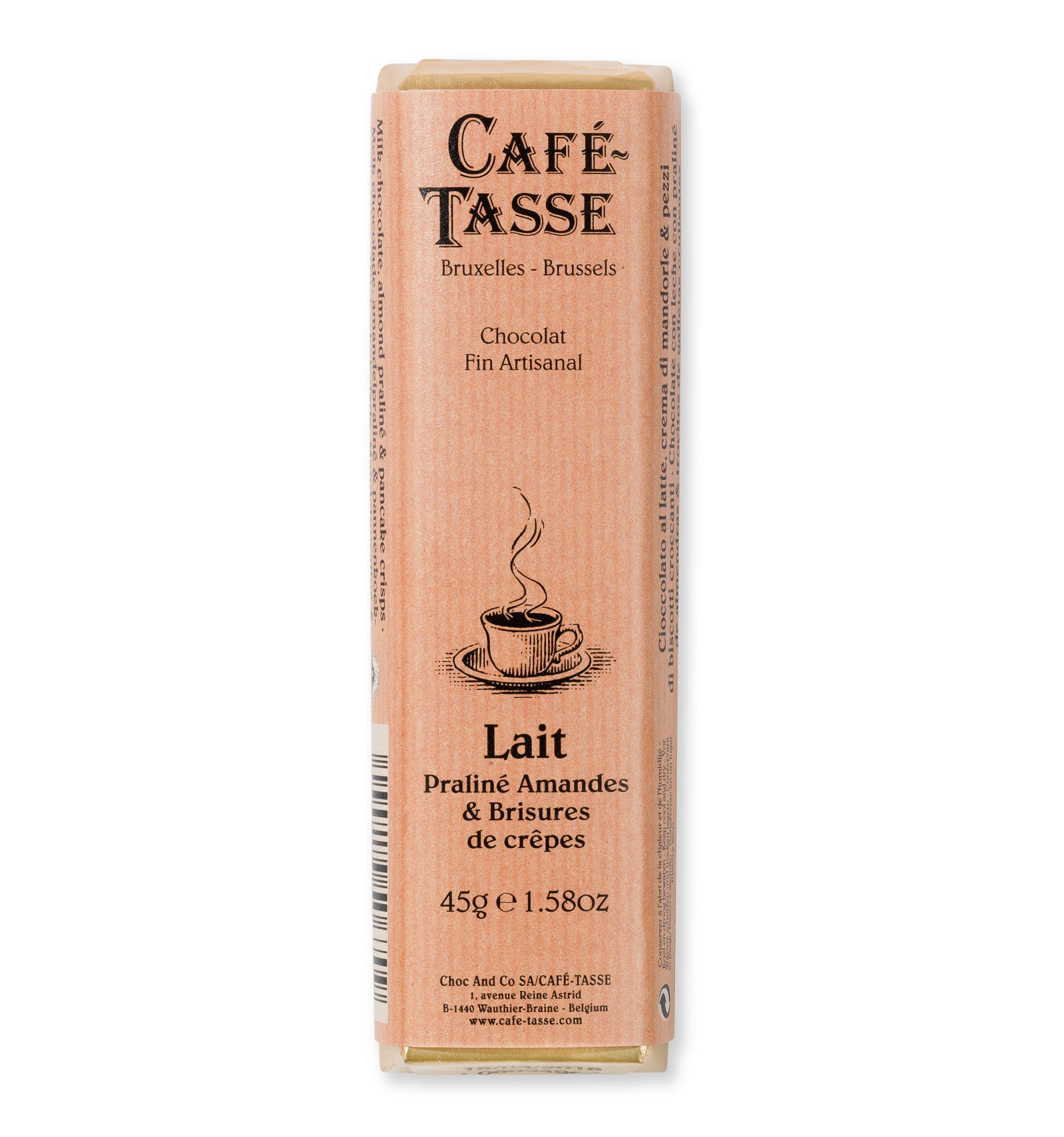 Barre Café-Tasse au chocolat au lait praliné amandes et brisures de crêpes, 45 g