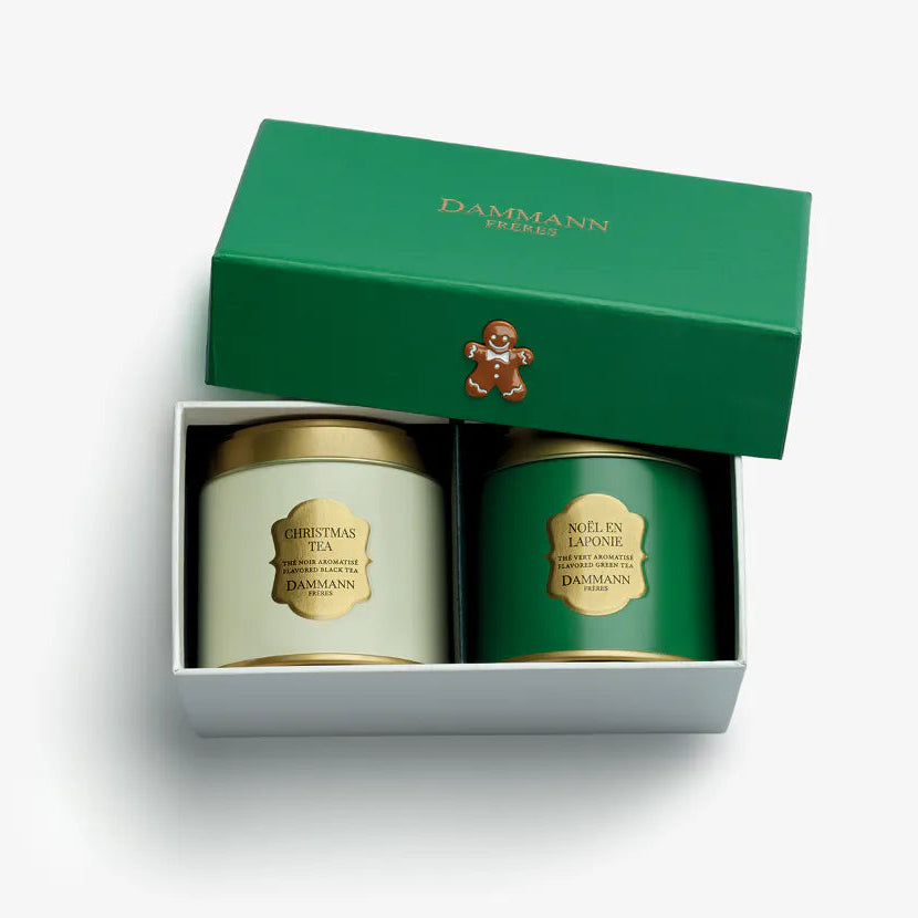 Coffret Let It Snow Dammann Frères vert avec deux boîtes de thé de Noël de 40 g : Christmas Tea et Noël en Laponie.