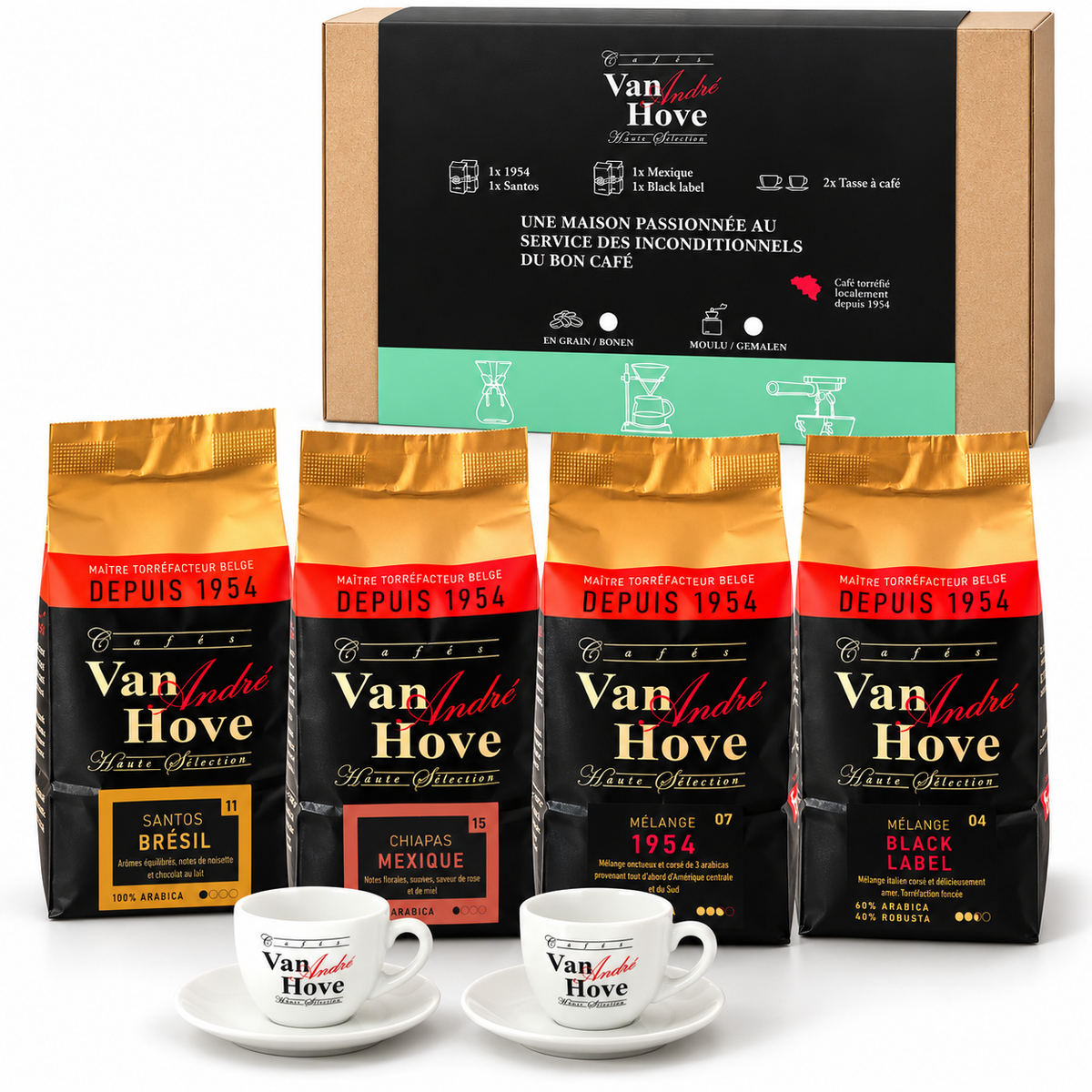 Coffret dégustation Cafés Van Hove avec quatre cafés de 250 g et deux tasses Lungo Van Hove 1954.