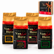 Coffret du monde Cafés Van Hove composé de 4 cafés de 250 g : Brésil, Papouasie-Nouvelle-Guinée, Éthiopie et Sumatra Bio.