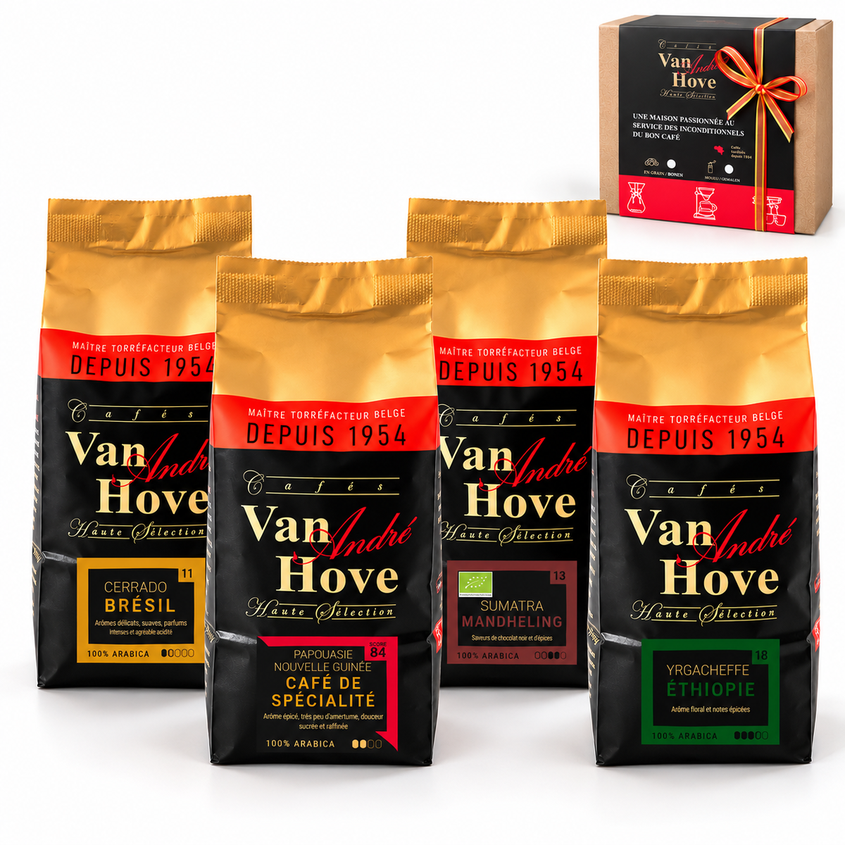 Coffret du monde Cafés Van Hove composé de 4 cafés de 250 g : Brésil, Papouasie-Nouvelle-Guinée, Éthiopie et Sumatra Bio.
