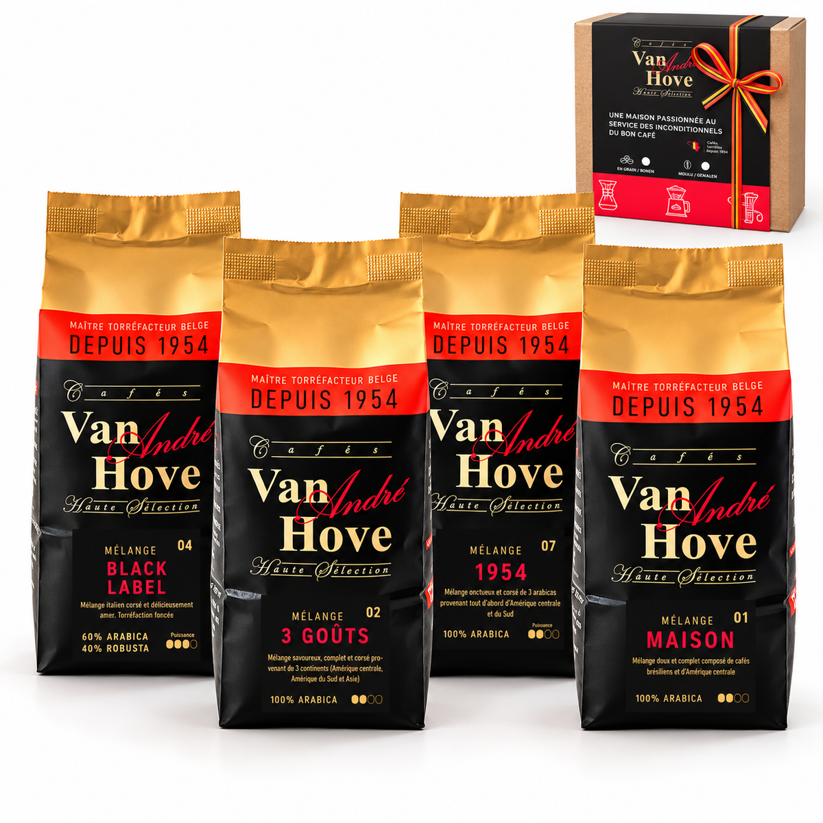 Coffret découverte Cafés Van Hove de 4 mélanges de café : Black Label, 3 Goûts, 1954 et Maison.