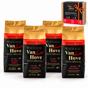 Coffret découverte Cafés Van Hove de 4 mélanges de café : Black Label, 3 Goûts, 1954 et Maison.