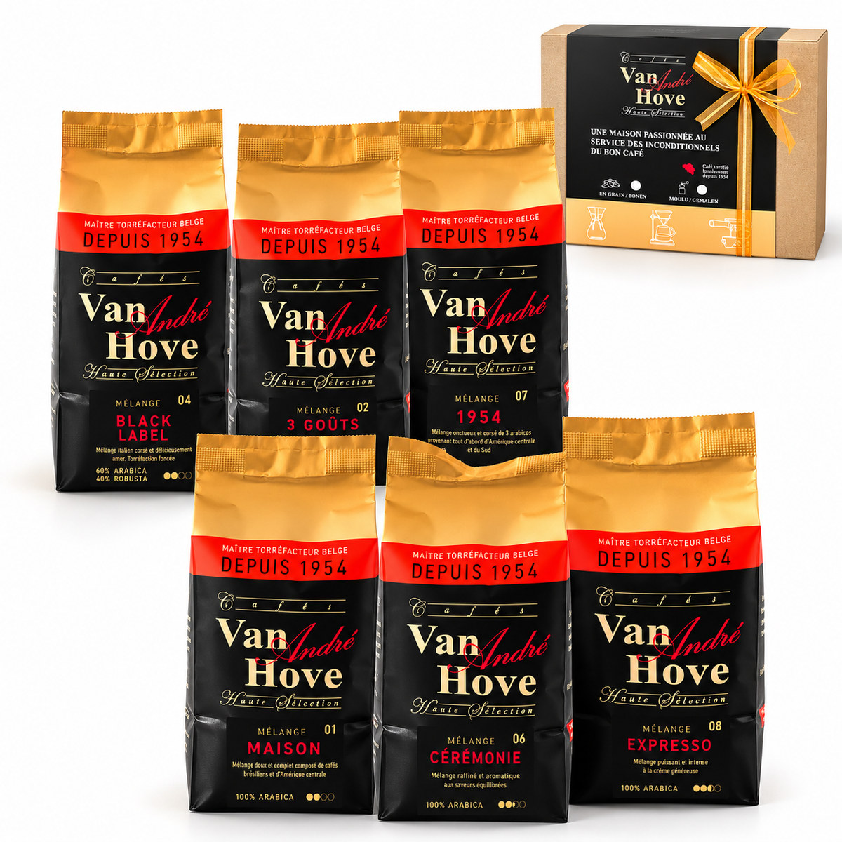 Coffret découverte Cafés Van Hove composé de six mélanges de café : Black Label, 3 Goûts, 1954, Maison, Cérémonie et Expresso.