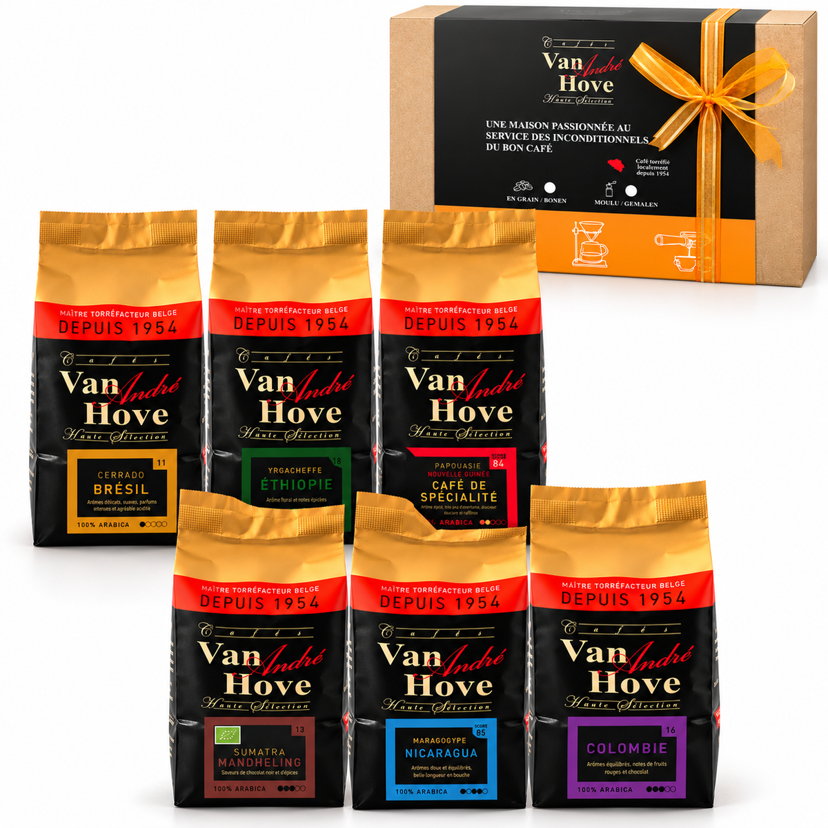 Coffret du monde Cafés Van Hove composé de 6 cafés de 250 g : Brésil, Papouasie-Nouvelle-Guinée, Colombie, Nicaragua Maragogype, Éthiopie et Sumatra Bio.