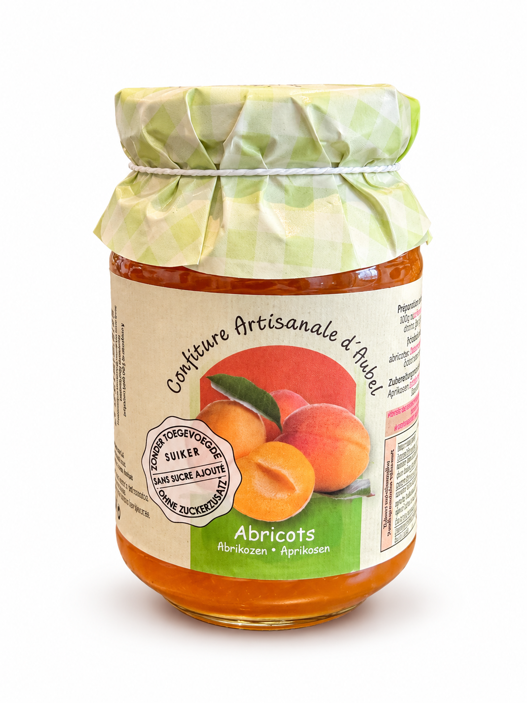 Pot de confiture d’abricots sans sucre ajouté de la Siroperie d’Aubel, 330 g.