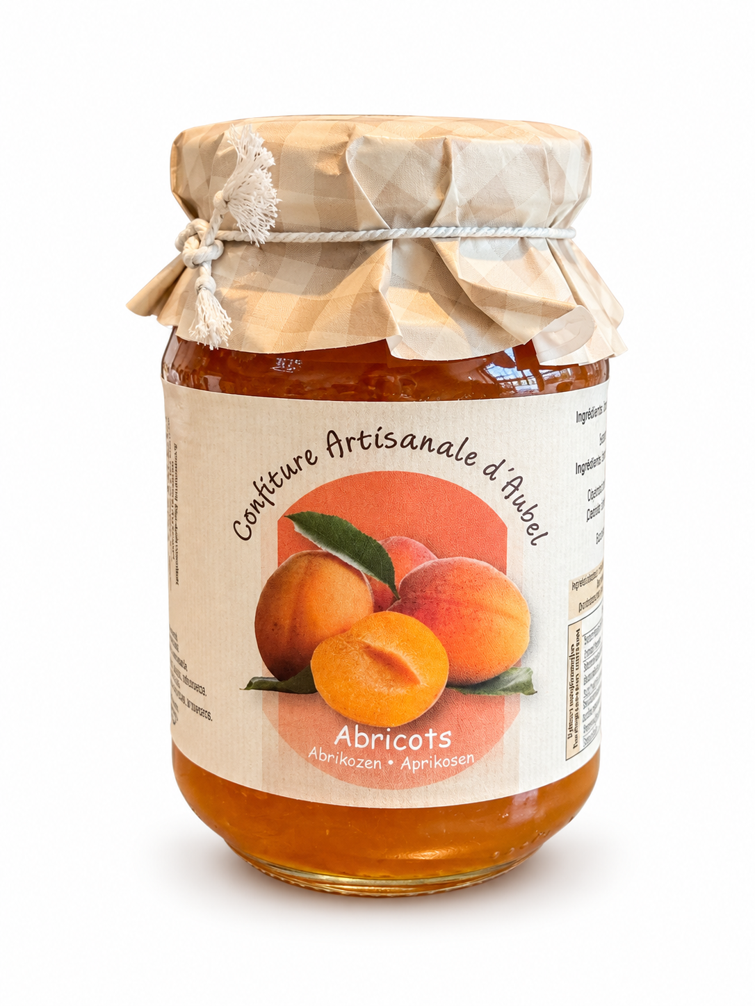 Pot de confiture d’abricot artisanale de la Siroperie d’Aubel, préparée avec 60 % de fruits, 330 g.