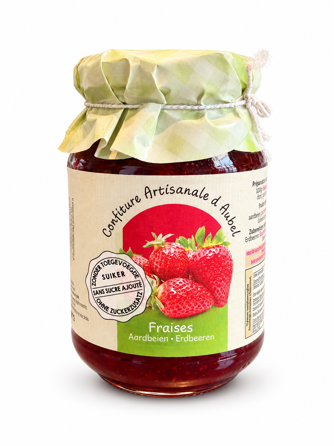 Pot de confiture de fraises sans sucre ajouté de la Siroperie Artisanale d’Aubel, 330 g.