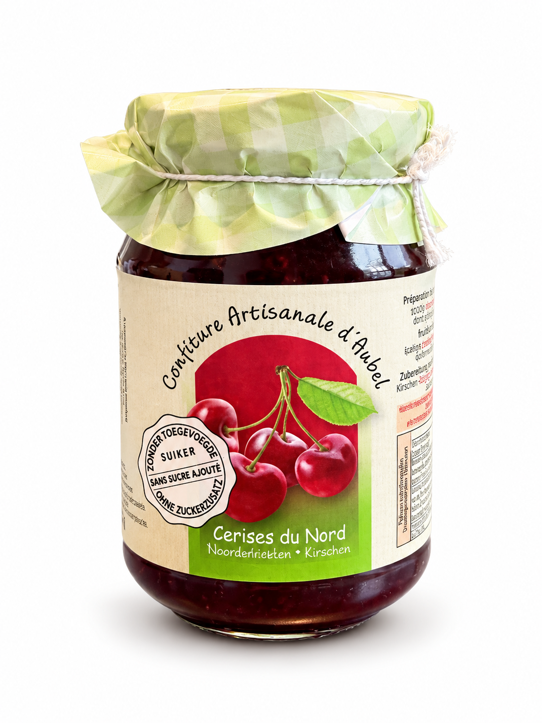 Pot de confiture de cerises du Nord sans sucre ajouté de la Siroperie Artisanale d’Aubel, 330 g.