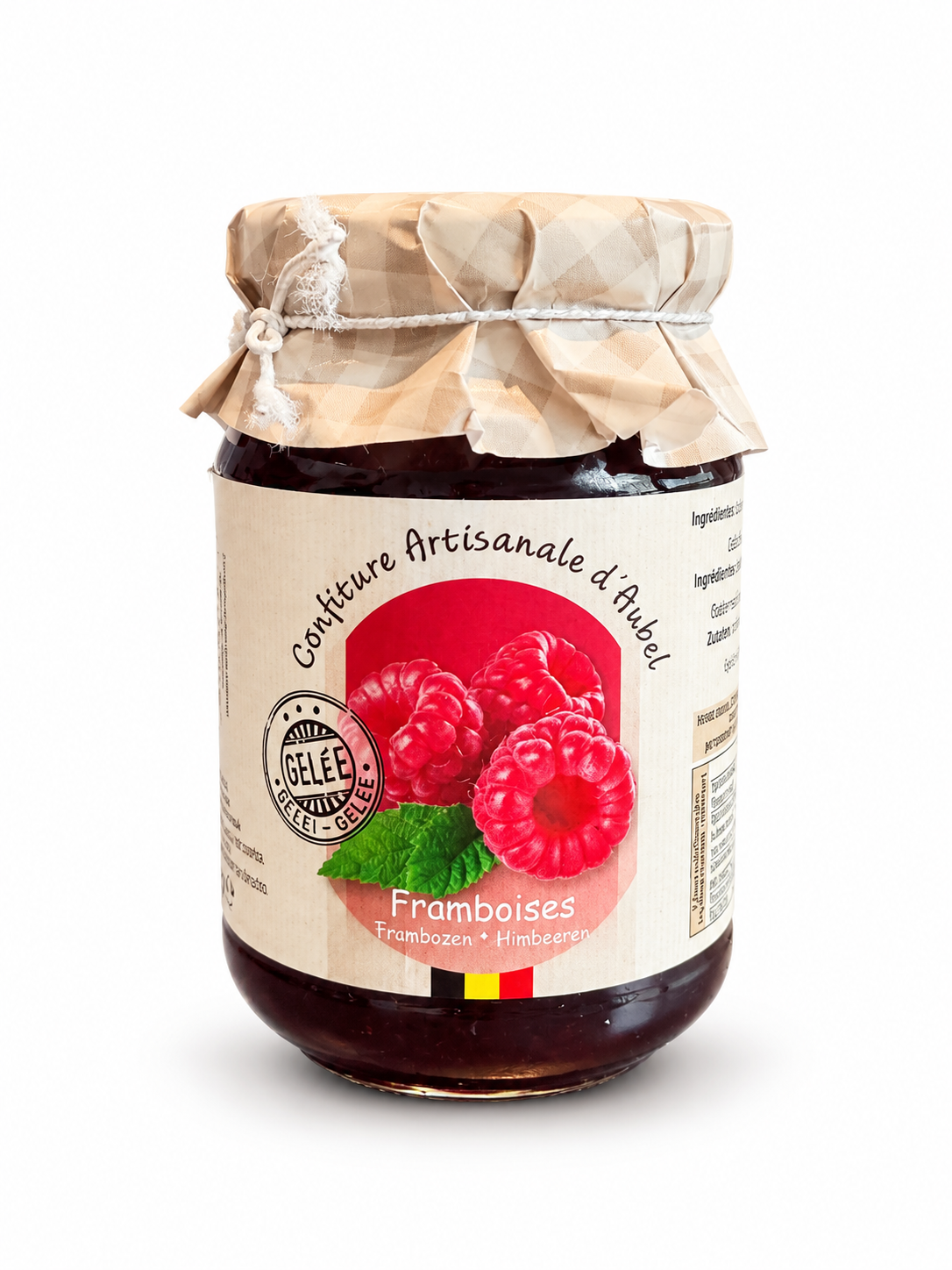 Pot de confiture de framboises artisanale de la Siroperie d’Aubel, 330 g.
