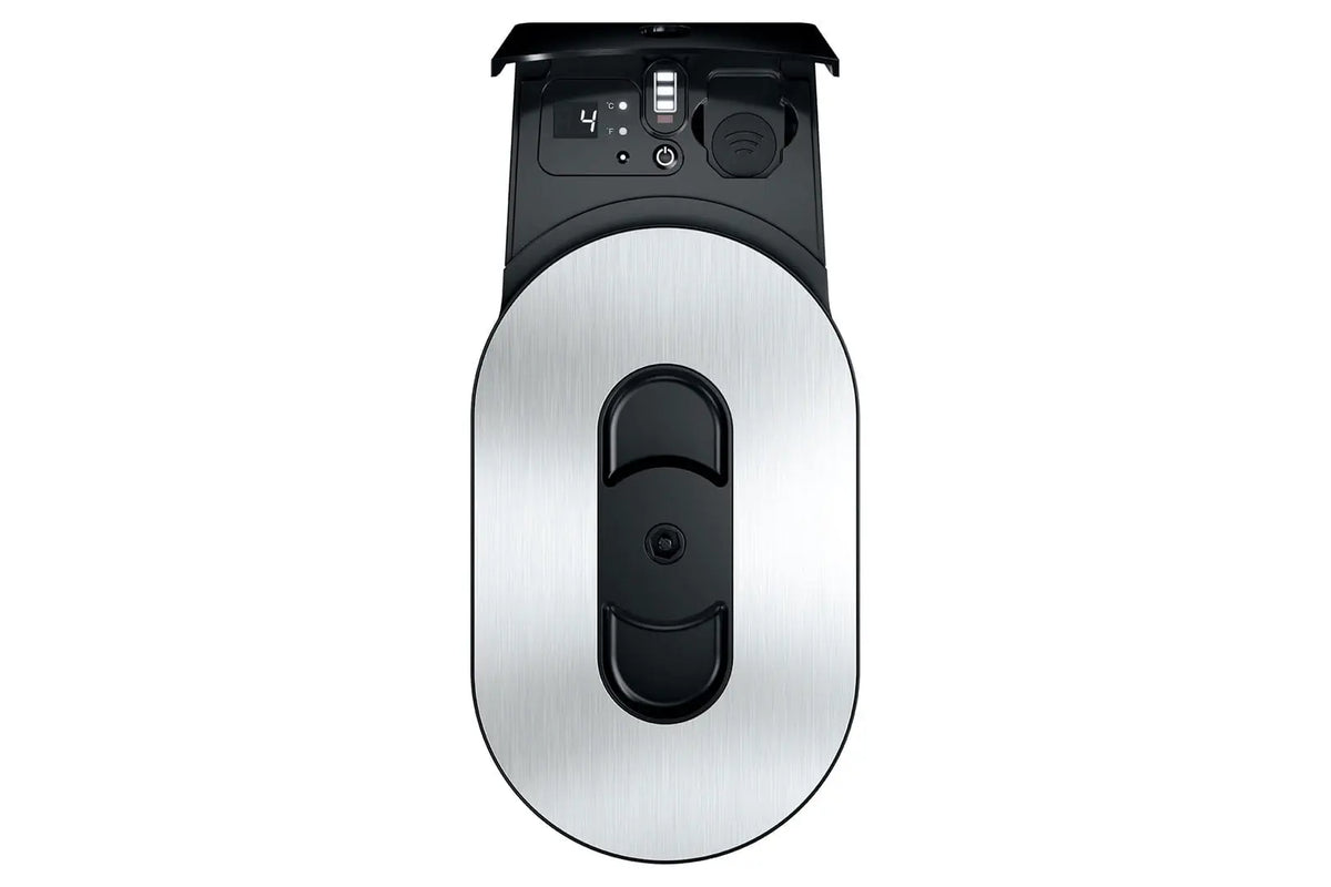 Refroidisseur à lait JURA Cool Control 2,5 L noir pour machine à café professionnelle. Couvercle ouvert.