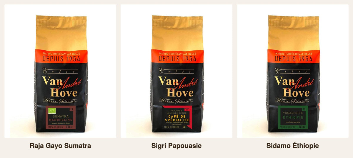 Exotic Coffees Pack - Raja Gayo Sumatra, Sigri Papouasie et Sidamo Éthiopie, 500gr chacun