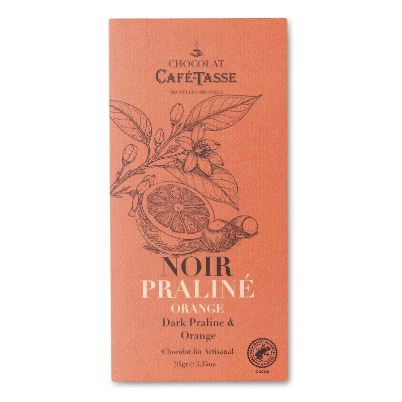 Tablette de chocolat noir Café-Tasse au praliné noisette et orange 95 g