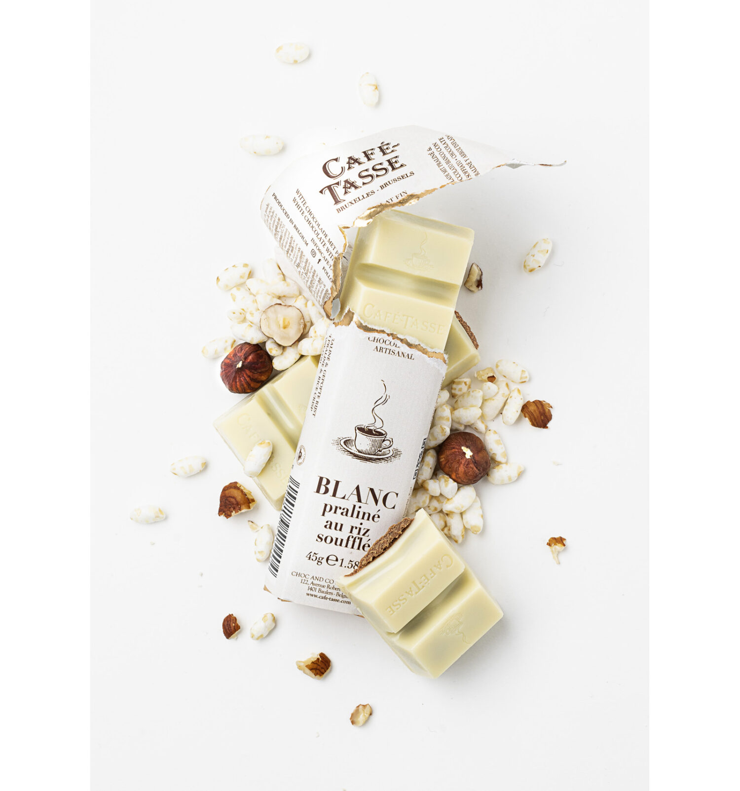 Barre de chocolat blanc praliné et riz soufflé Café Tasse