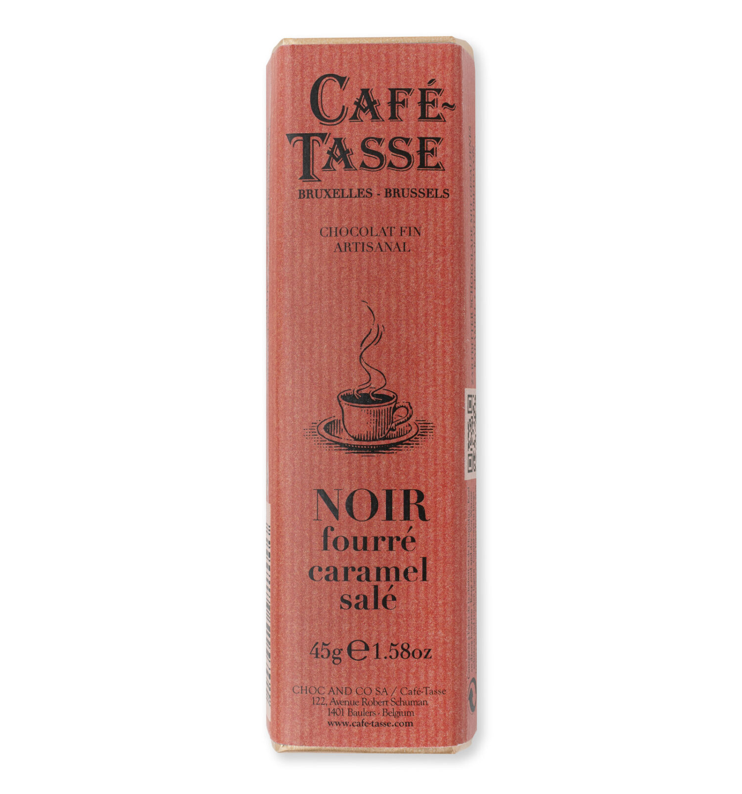 Barre de chocolat noir fourrée caramel salé.