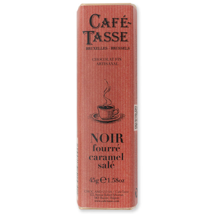 Barre de chocolat noir fourrée caramel salé.