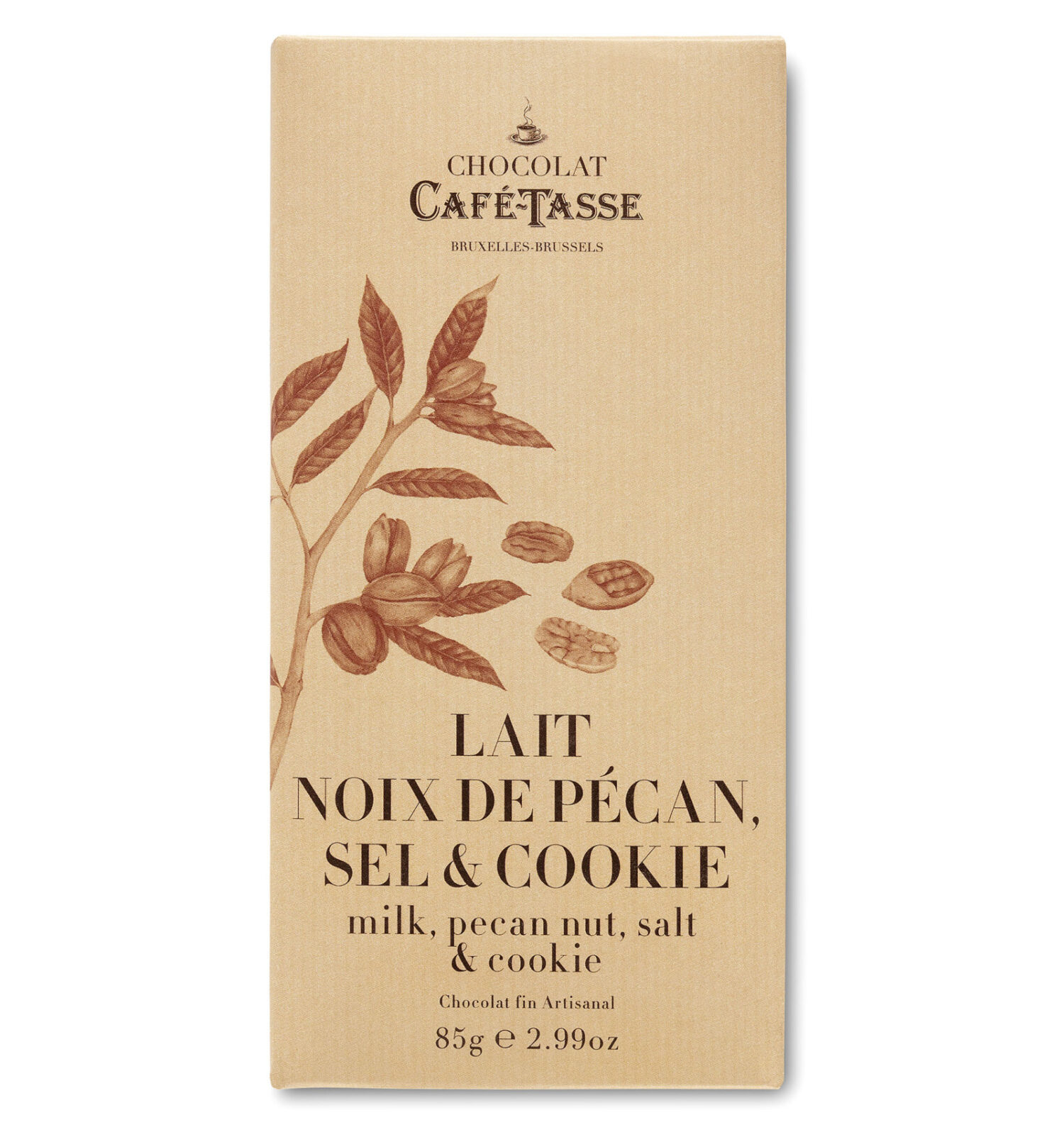 Tablette de chocolat au lait avec noix de pécan, sel et cookie