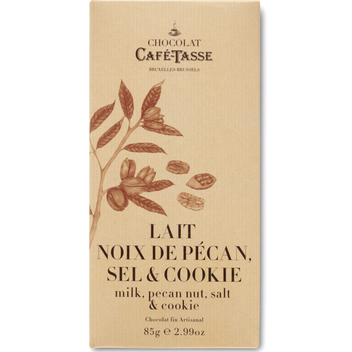 Tablette de chocolat au lait avec noix de pécan, sel et cookie