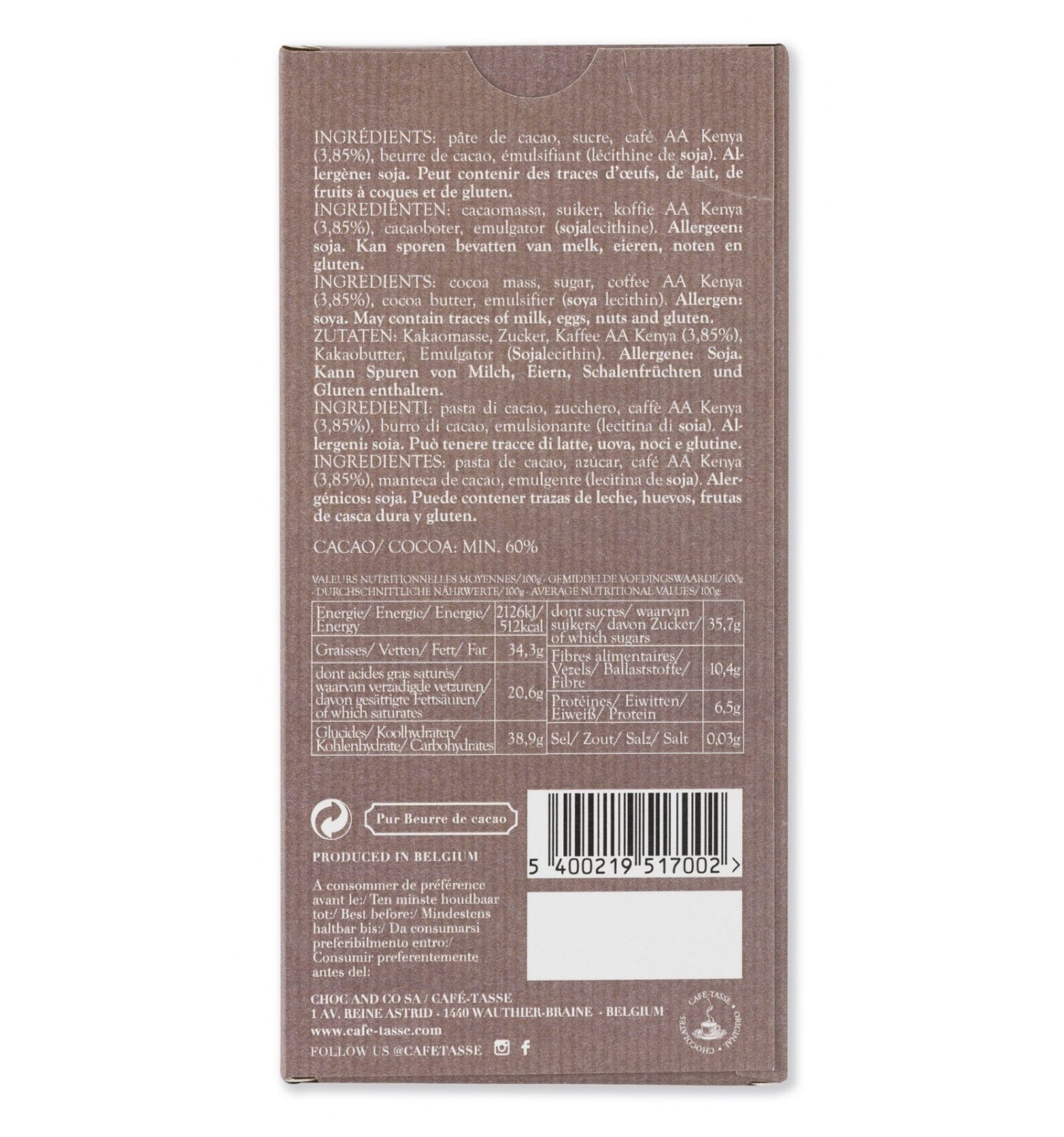 Tablette de chocolat Noir & Café Kenya Ingrédients
