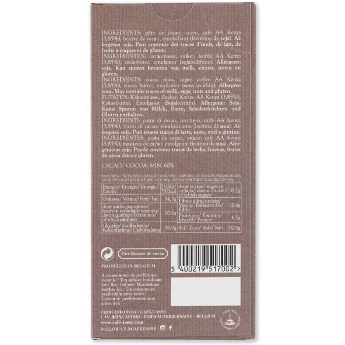 Tablette de chocolat Noir & Café Kenya Ingrédients