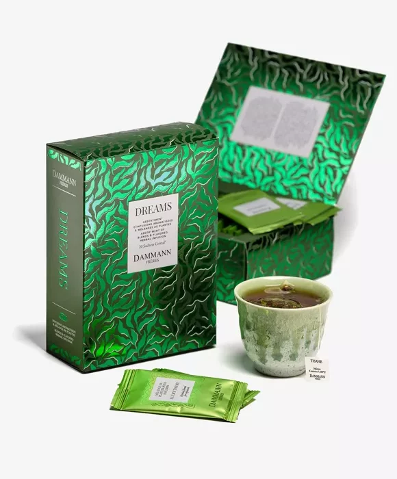 Coffret Dreams, assortiment d'infusions 20 sachets open with tasse