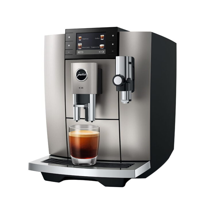 Jura E8 Midnight Silver nouvelle génération vue trois quarts